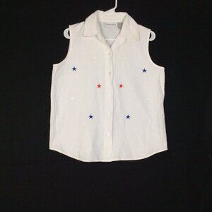 Victoria Jones M White Sleeveless Top Shirt Stars Button Up